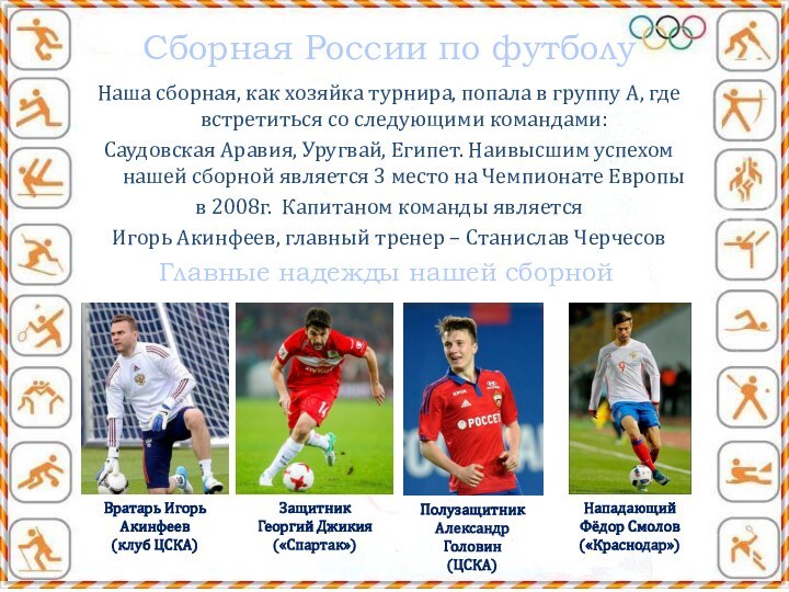 Сборная России по футболу Наша сборная, как хозяйка турнира, попала в группу