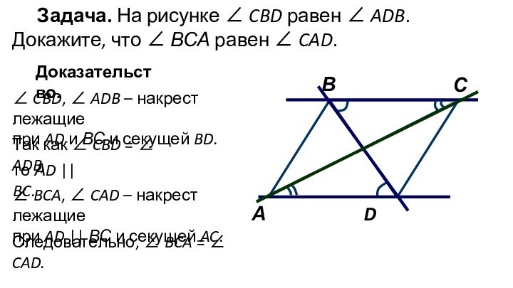 Задача. На рисунке ∠ CBD равен ∠ ADB. Докажите, что ∠ ВСА