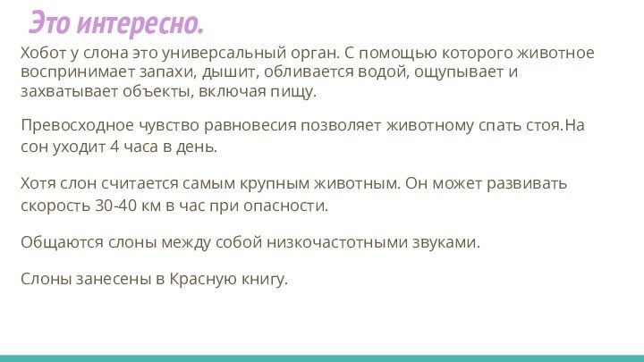 Это интересно.Хобот у слона это универсальный орган. С помощью которого животное воспринимает