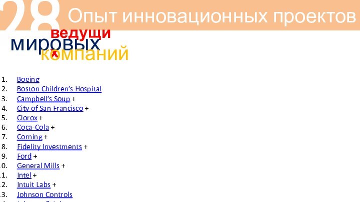 Опыт инновационных проектов28ведущих мировыхкомпанийBoeing Boston Children’s HospitalCampbell’s Soup +City of San Francisco +Clorox