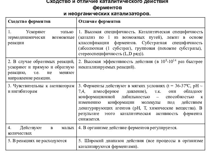 Сходство и отличие каталитического действия ферментови неорганических катализаторов.