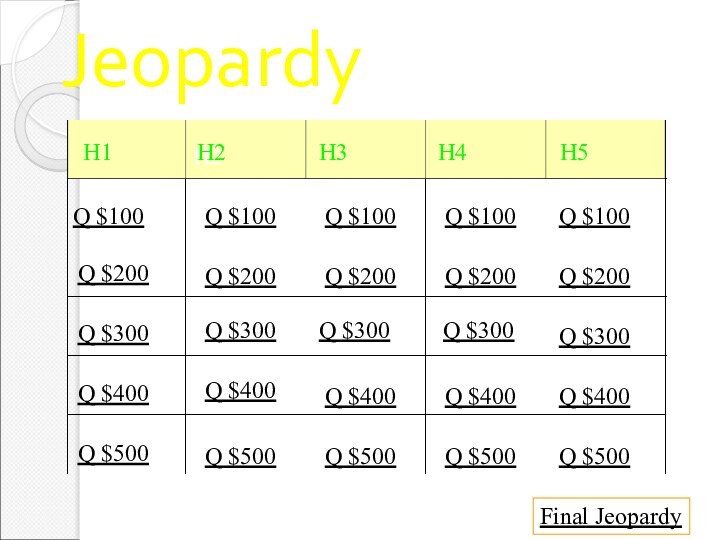 JeopardyH2Q $100Q $200Q $300Q $400Q $500Q $100Q $100Q $100Q $100Q $200Q $200Q