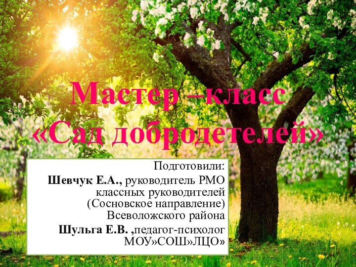 Мастер –класс «Сад добродетелей»Подготовили:Шевчук Е.А., руководитель РМО классных руководителей (Сосновское направление) Всеволожского районаШульга Е.В. ,педагог-психолог МОУ»СОШ»ЛЦО»