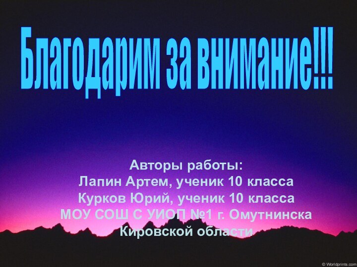 Благодарим за внимание!!!Авторы работы: Лапин Артем, ученик 10 классаКурков Юрий, ученик 10