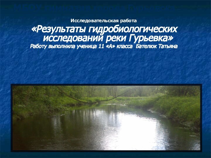 МБОУ гимназия города Гурьевска Исследовательская работа «Результаты гидробиологических исследований реки Гурьевка»Работу выполнила