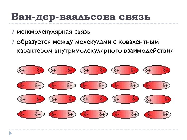 Ван-дер-ваальсова связьмежмолекулярная связьобразуется между молекулами с ковалентным характером внутримолекулярного взаимодействия