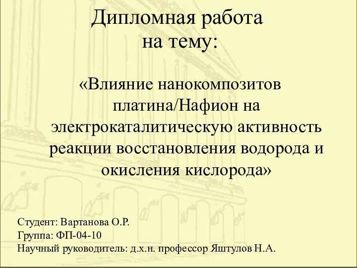 Дипломная работана тему:«Влияние нанокомпозитов платина/Нафион на электрокаталитическую активность реакции восстановления водорода и