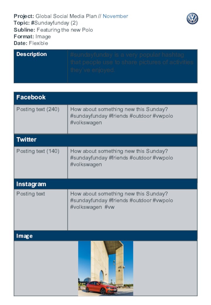 Project: Global Social Media Plan // November Topic: #Sundayfunday (2) Subline: Featuring