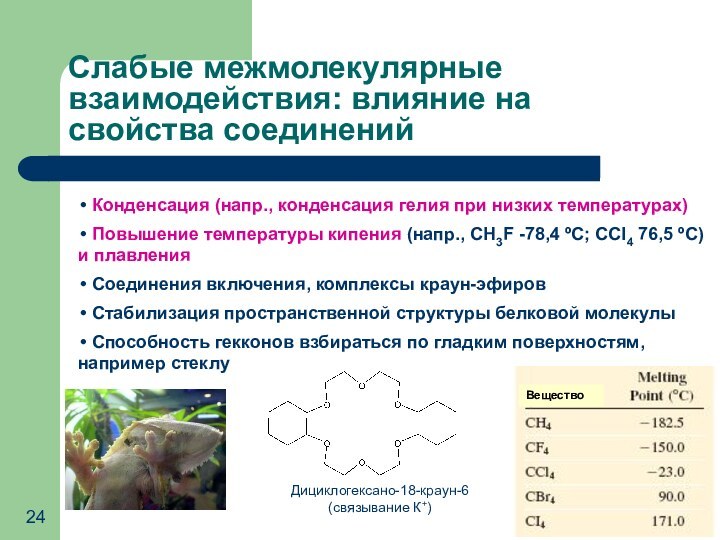 Слабые межмолекулярные взаимодействия: влияние на свойства соединений Конденсация (напр., конденсация гелия при