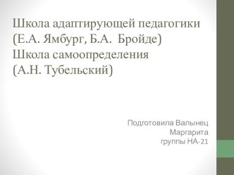 Школа адаптирующей педагогики (Е.А. Ямбург, Б.А. Бройде). Школа самоопределения (А.Н. Тубельский)