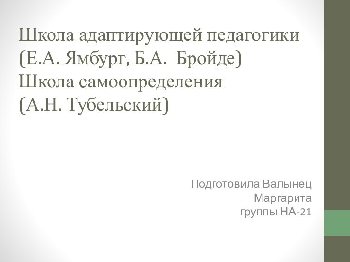 Школа адаптирующей педагогики  (Е.А. Ямбург, Б.А. Бройде) Школа самоопределения  (А.Н.