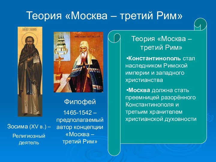 Теория «Москва – третий Рим»Зосима (XV в.) –Религиозный деятель Филофей 1465-1542 –