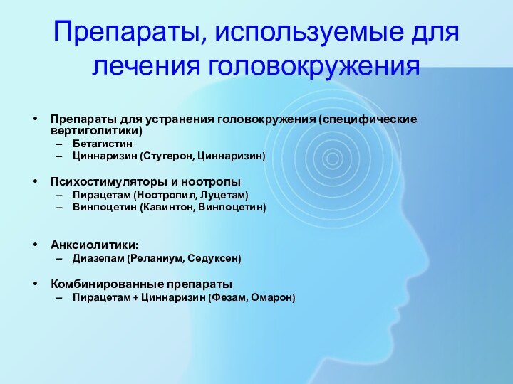 Препараты, используемые для лечения головокружения Препараты для устранения головокружения (специфические вертиголитики)БетагистинЦиннаризин (Стугерон,