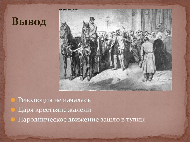 ВыводРеволюция не началасьЦаря крестьяне жалелиНародническое движение зашло в тупик