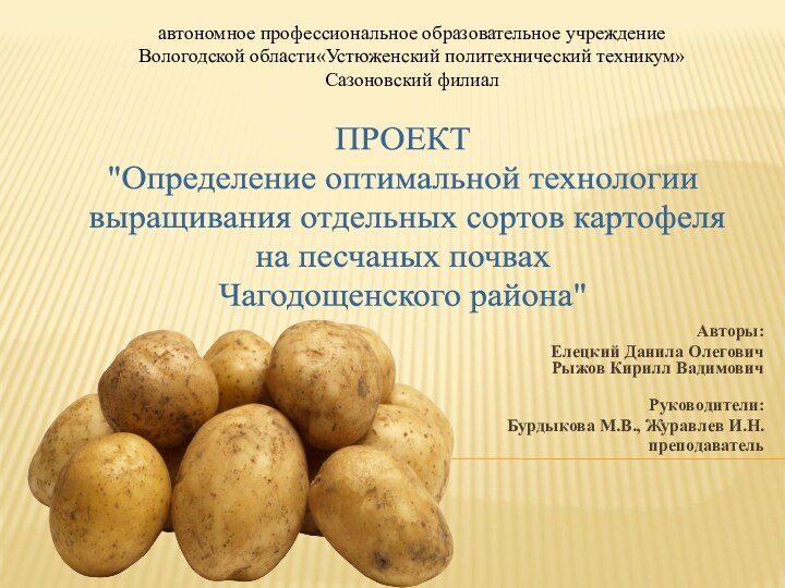 автономное профессиональное образовательное учреждение Вологодской области«Устюженский политехнический техникум» Сазоновский филиалАвторы: Елецкий Данила