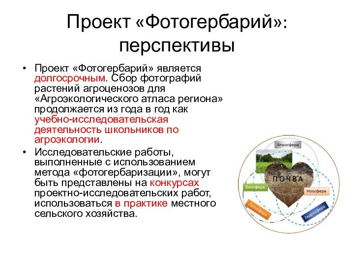 Проект «Фотогербарий»: перспективыПроект «Фотогербарий» является долгосрочным. Сбор фотографий растений агроценозов для «Агроэкологического