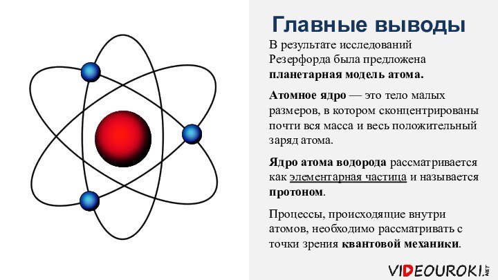 Главные выводыВ результате исследований Резерфорда была предложена планетарная модель атома. Атомное ядро