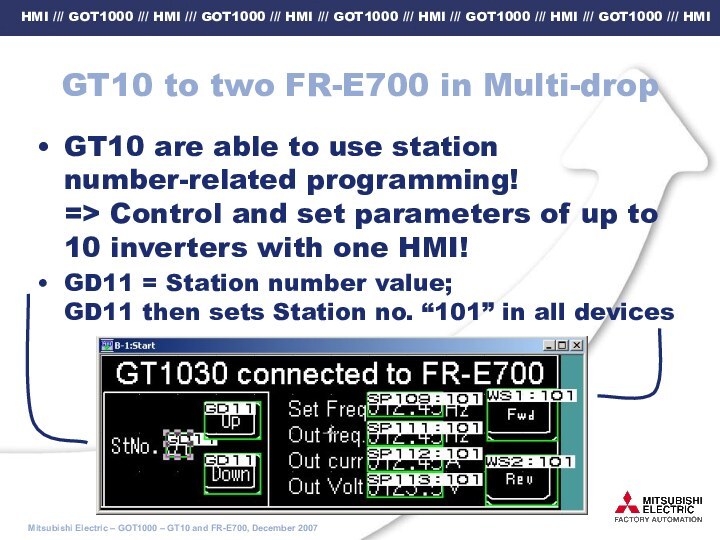 GT10 to two FR-E700 in Multi-dropGT10 are able to use station number-related