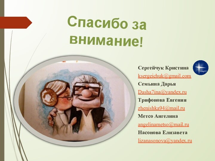  Сергейчук Кристинаksergeichuk@gmail.comСемьина ДарьяDasha7ina@yandex.ru Трифонова Евгенияzhenishka94@mail.ru  Метсо Ангелинаangelinametso@mail.ruНасонова Елизаветаlizanasonova@yandex.ruСпасибо за внимание!