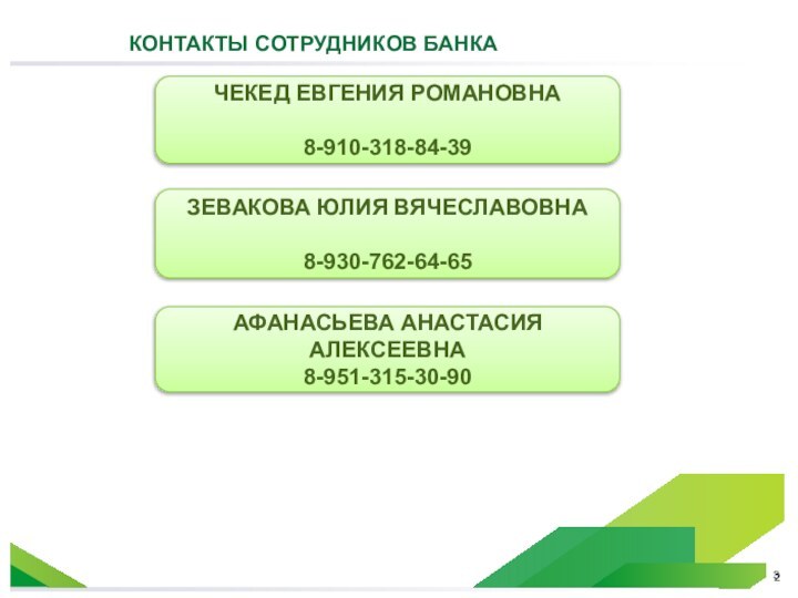 КОНТАКТЫ СОТРУДНИКОВ БАНКА  3 ЧЕКЕД ЕВГЕНИЯ РОМАНОВНА 8-910-318-84-39 АФАНАСЬЕВА АНАСТАСИЯ АЛЕКСЕЕВНА8-951-315-30-90ЗЕВАКОВА ЮЛИЯ ВЯЧЕСЛАВОВНА8-930-762-64-65