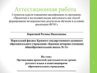 Аттестационная работа. Организация проектной деятельности на уроках русского языка в пенитенциарном образовательном учреждении