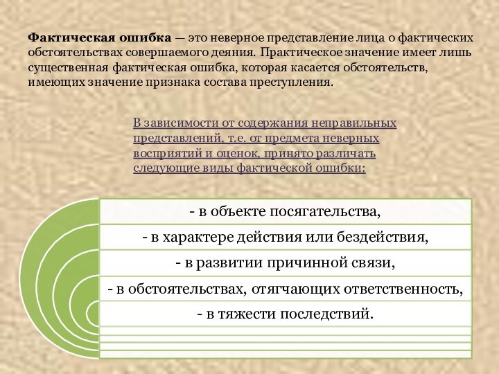 Фактическая ошибка — это неверное представление лица о фактических обстоятельствах совершаемого деяния.