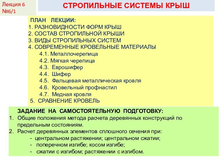 Лекция 6№6/1 СТРОПИЛЬНЫЕ СИСТЕМЫ КРЫШПЛАН  ЛЕКЦИИ: РАЗНОВИДНОСТИ ФОРМ КРЫШ СОСТАВ СТРОПИЛЬНОЙ