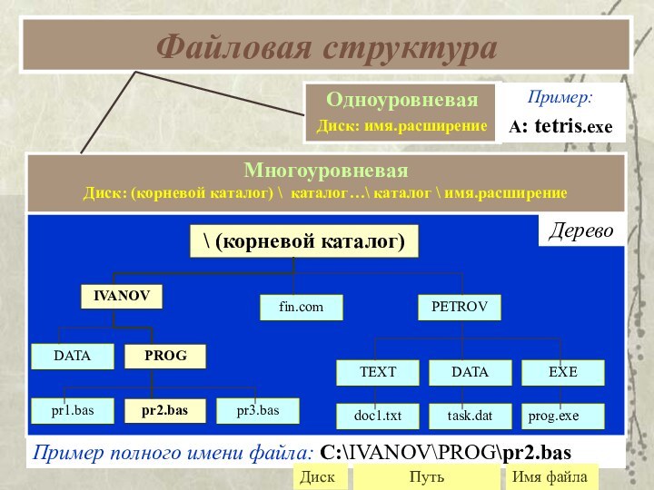 Файловая структура\ (корневой каталог)IVANOVDATAPROGpr1.baspr2.basfin.compr3.basPETROVDATAEXEprog.exetask.datdoc1.txtTEXTПример полного имени файла: C:\IVANOV\PROG\pr2.basДискПутьИмя файлаДеревоПример: A: tetris.exe