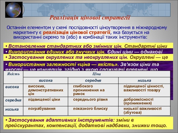 Реалізація цінової стратегіїОстаннім елементом у схемі послідовності ціноутворення в міжнародному маркетингу є