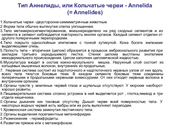 Тип Аннелиды, или Кольчатые черви - Annelida (= Annelides) Кольчатые черви –двусторонне-симмметричные