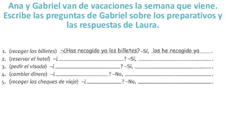 Ana y Gabriel van de vacaciones la semana que viene. Escribe las