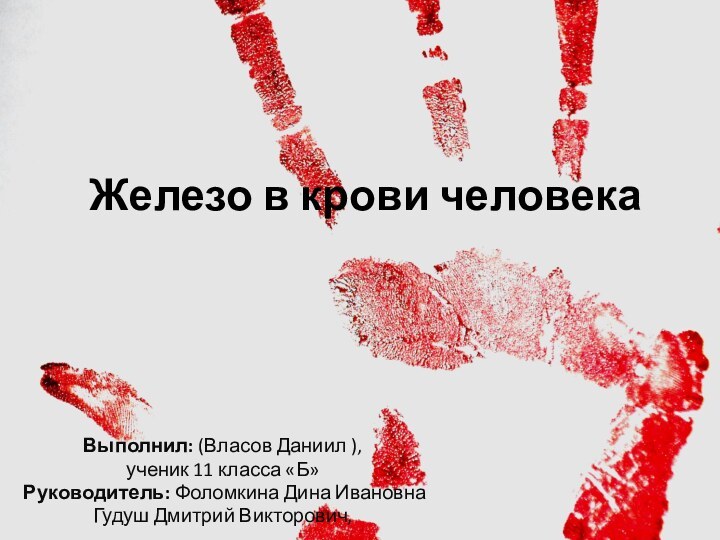 Железо в крови человека Выполнил: (Власов Даниил ),ученик 11 класса «Б» Руководитель: Фоломкина Дина ИвановнаГудуш Дмитрий Викторович,