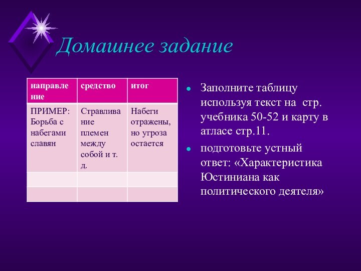 Домашнее заданиеЗаполните таблицу используя текст на стр. учебника 50-52 и карту в