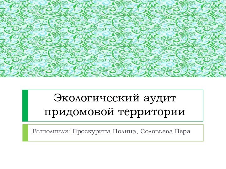 Экологический аудит придомовой территорииВыполнили: Проскурина Полина, Соловьева Вера