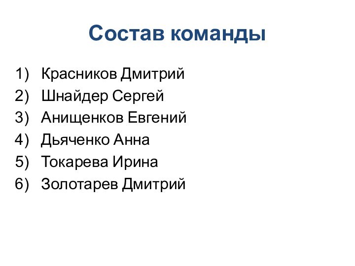 Состав командыКрасников ДмитрийШнайдер СергейАнищенков ЕвгенийДьяченко АннаТокарева ИринаЗолотарев Дмитрий