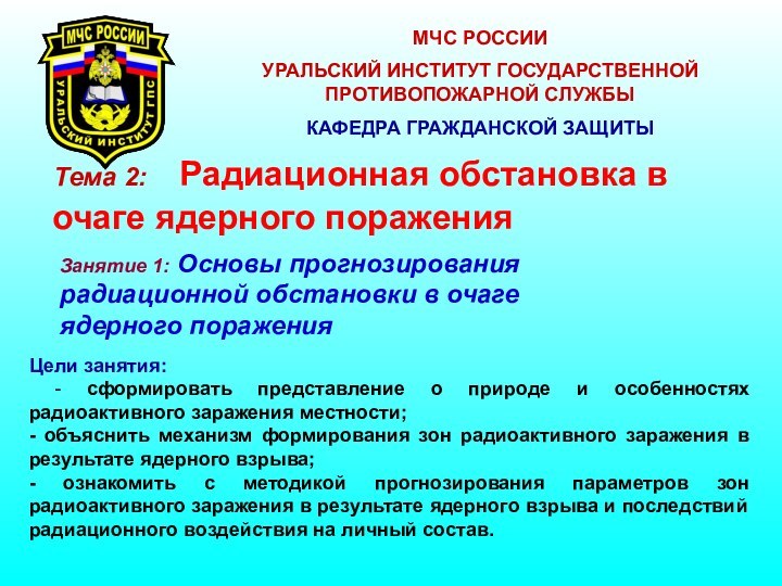 Тема 2: 	Радиационная обстановка в 			очаге ядерного пораженияМЧС РОССИИУРАЛЬСКИЙ ИНСТИТУТ ГОСУДАРСТВЕННОЙ ПРОТИВОПОЖАРНОЙ