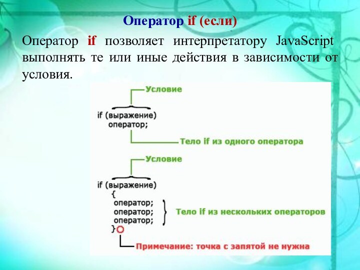 Оператор if (если)Оператор if позволяет интерпретатору JavaScript выполнять те или иные действия