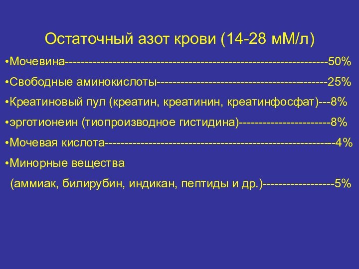 Остаточный азот крови (14-28 мM/л)Мочевина------------------------------------------------------------------50%Свободные аминокислоты-------------------------------------------25%Креатиновый пул (креатин, креатинин, креатинфосфат)---8%эрготионеин (тиопроизводное гистидина)-----------------------8%Мочевая