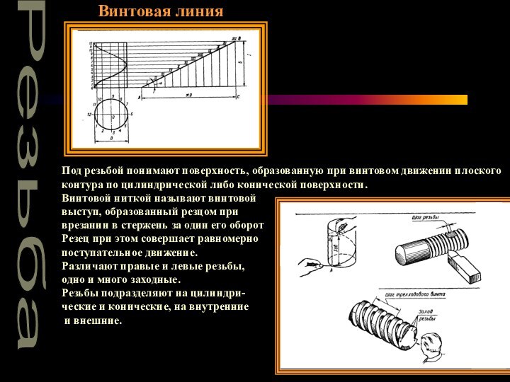 РезьбаВинтовая линияПод резьбой понимают поверхность, образованную при винтовом движении плоскогоконтура по цилиндрической