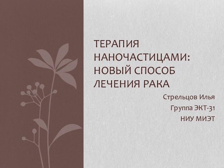 Стрельцов ИльяГруппа ЭКТ-31НИУ МИЭТТЕРАПИЯ НАНОЧАСТИЦАМИ: НОВЫЙ СПОСОБ ЛЕЧЕНИЯ РАКА