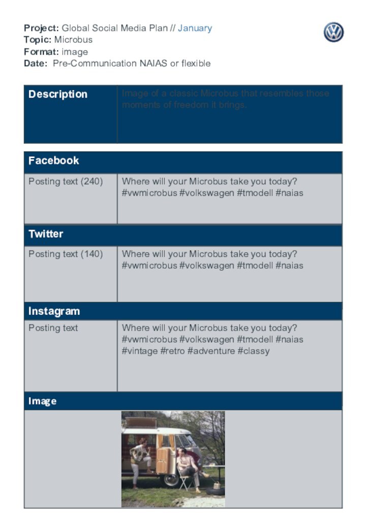 Project: Global Social Media Plan // January Topic: Microbus Format: image Date: Pre-Communication NAIAS or flexible