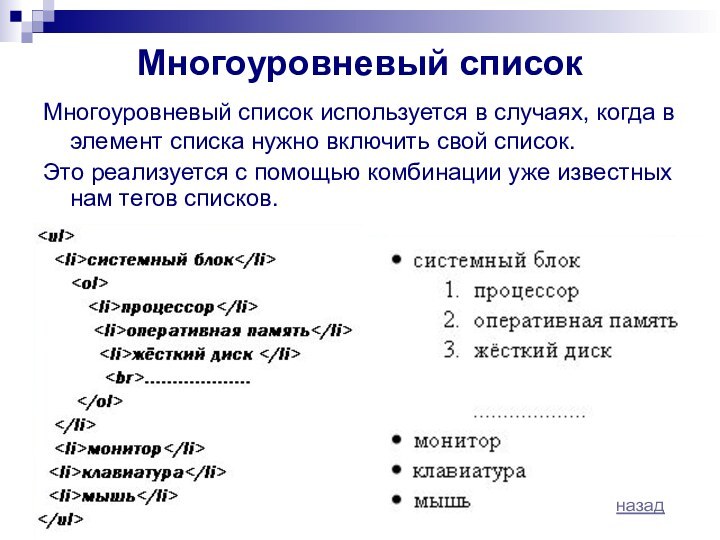 Многоуровневый списокМногоуровневый список используется в случаях, когда в элемент списка нужно включить