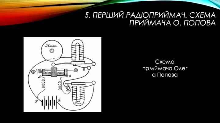 5. ПЕРШИЙ РАДIОПРИЙМАЧ. СХЕМА ПРИЙМАЧА О. ПОПОВАСхема прмймача Олега Попова