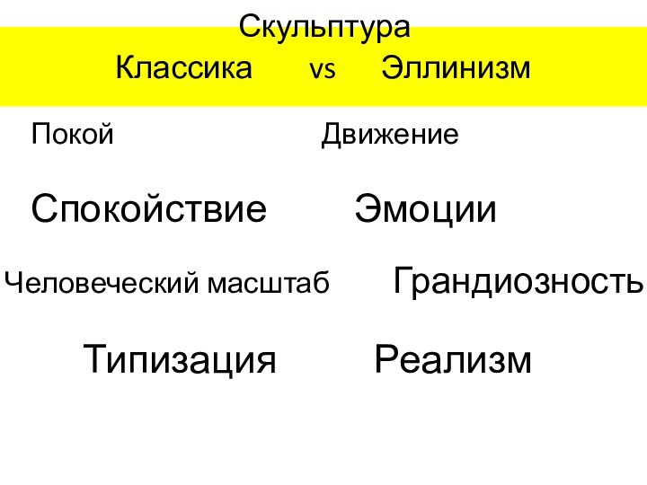 Покой							ДвижениеСпокойствие			ЭмоцииЧеловеческий масштаб 		ГрандиозностьТипизация			РеализмКлассика 		vs		 Эллинизм Скульптура