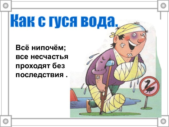 Как с гуся вода. Всё нипочём;все несчастья проходят без последствия .