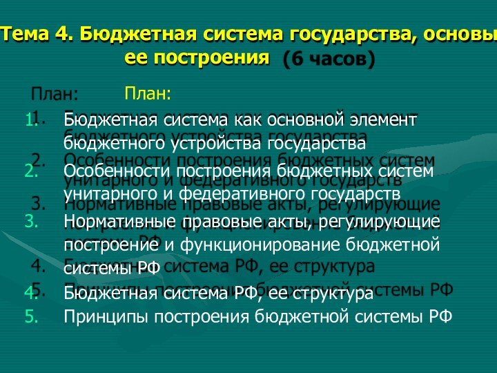 Тема 4. Бюджетная система государства, основыее построения	План:Бюджетная система как основной элемент бюджетного