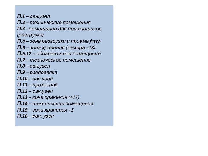 П.1 – сан.узелП.2 – технические помещенияП.3 - помещение для поставщиков (разгрузка)П.4 –