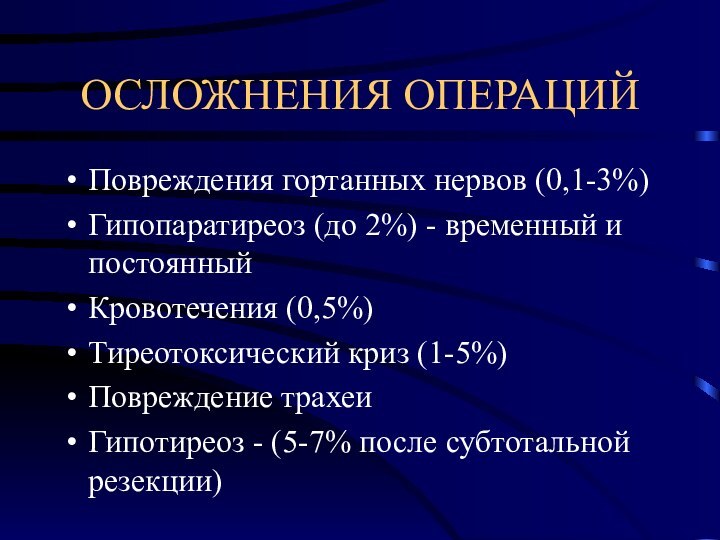 ОСЛОЖНЕНИЯ ОПЕРАЦИЙПовреждения гортанных нервов (0,1-3%)Гипопаратиреоз (до 2%) - временный и постоянныйКровотечения (0,5%)Тиреотоксический