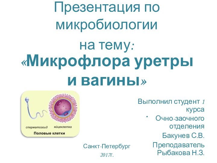 «Микрофлора уретры и вагины»Выполнил студент 1 курсаОчно-заочного отделения Бакунев С.В.Преподаватель Рыбакова Н.З.Презентация по микробиологиина тему:.Санкт-Петербург2017г.