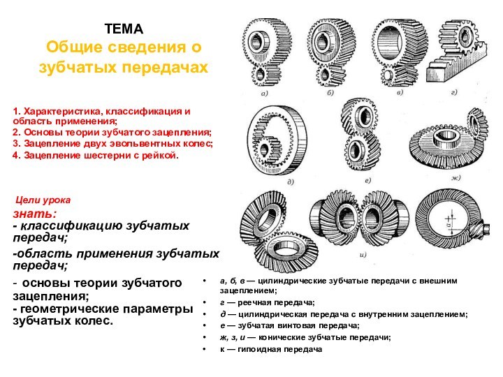 ТЕМА Общие сведения о зубчатых передачах1. Характеристика, классификация и область применения;2. Основы